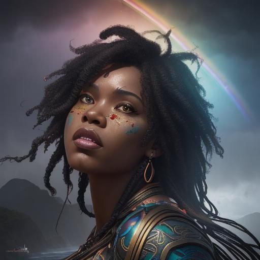 Hyperrealistic Island of Black Amazons with Rainbow
