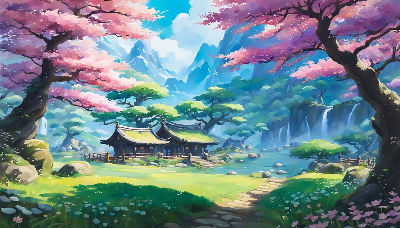 Fantasy Spring Landscape in Studio Ghibli Style