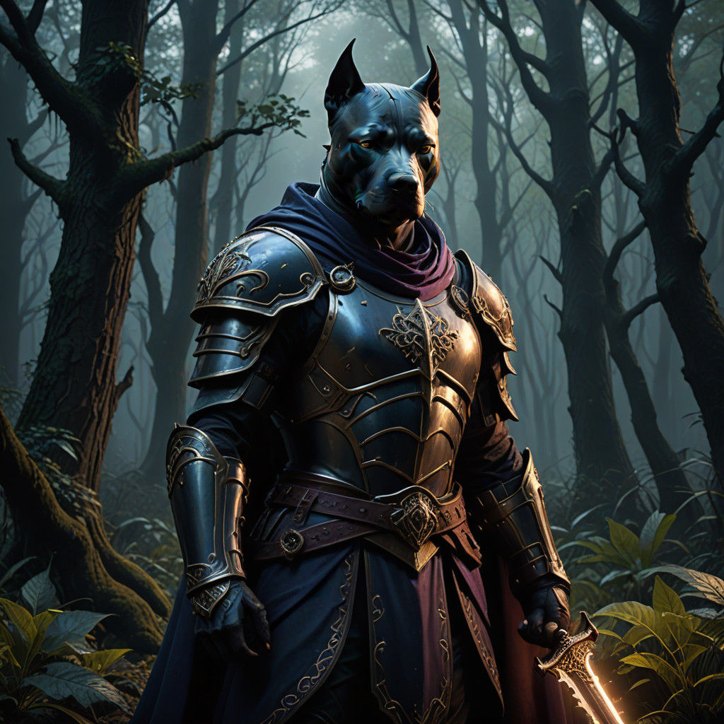 Humanoid Pitbull Knight Emerging from Dark Forest Shadows