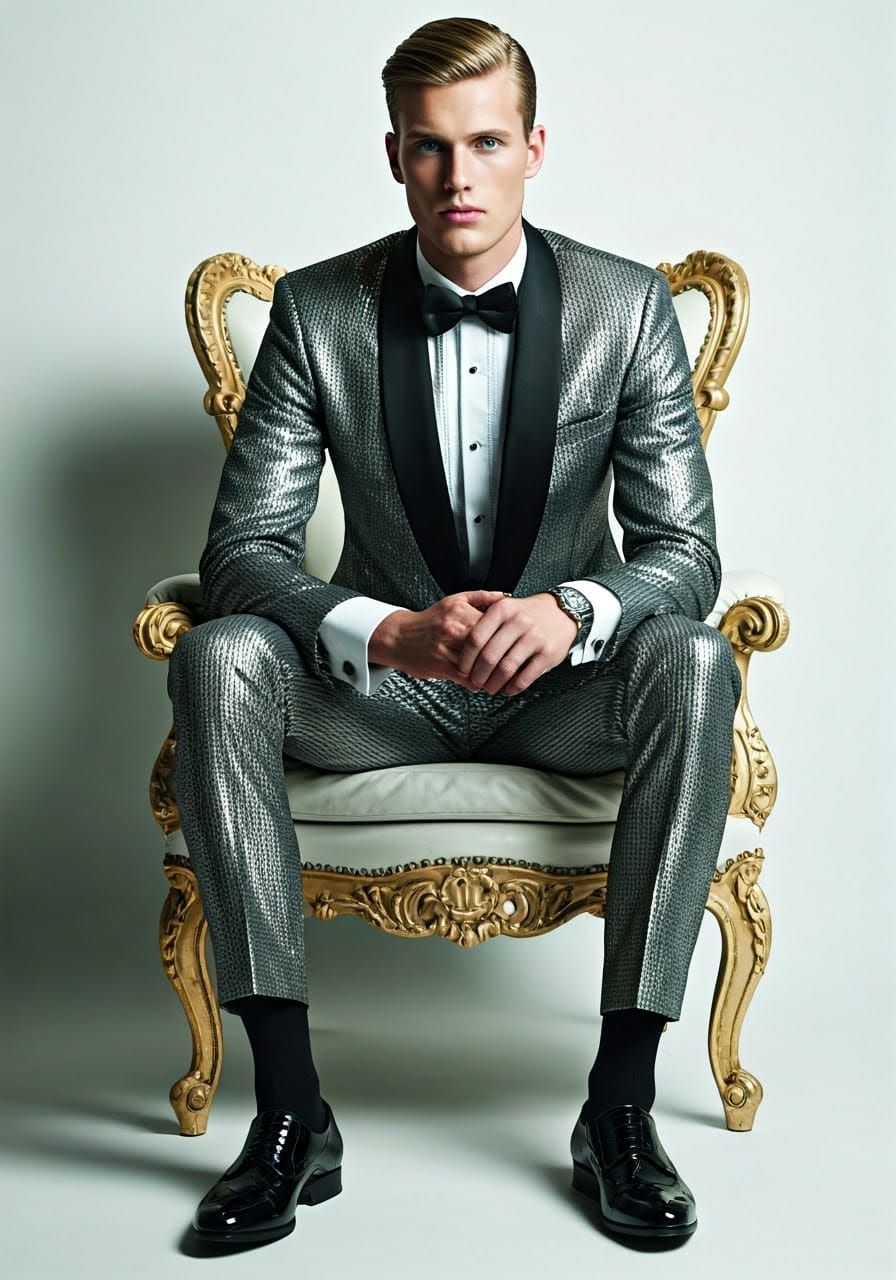 Elegant Male Model in Custom-Made Sequined Tuxedo