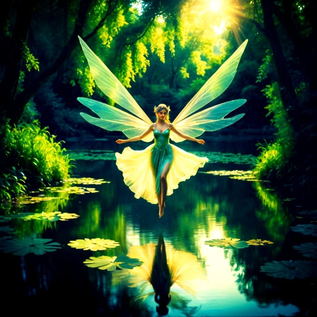 Enchanted Fairy Gliding Over Forest Pond