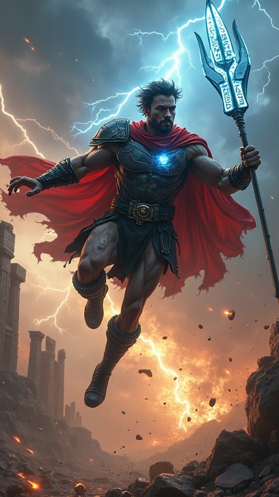 Greek God Supervillain Leaps Through Apocalyptic Sky