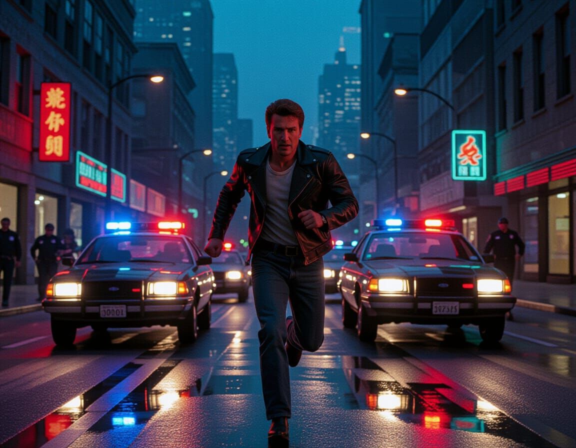 Retro-Futuristic Chase Scene in Vaporwave Style