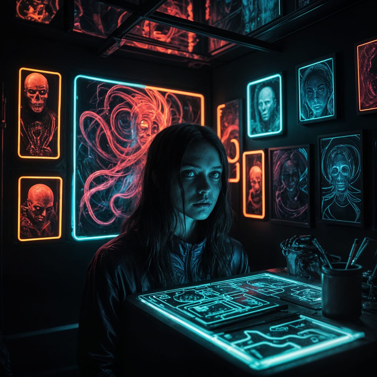 Glowing Neon Cityscape Under Midnight Sky