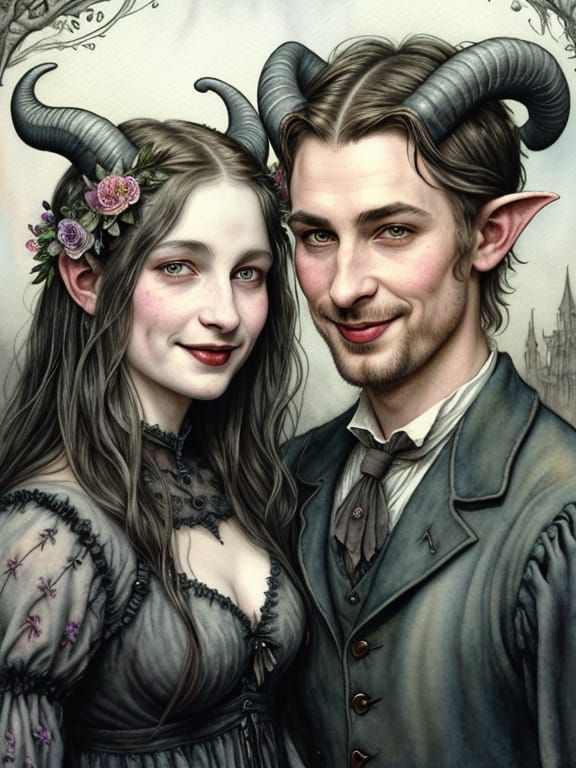 Gothic Watercolor Tiefling Couple Portrait with Floral Horns