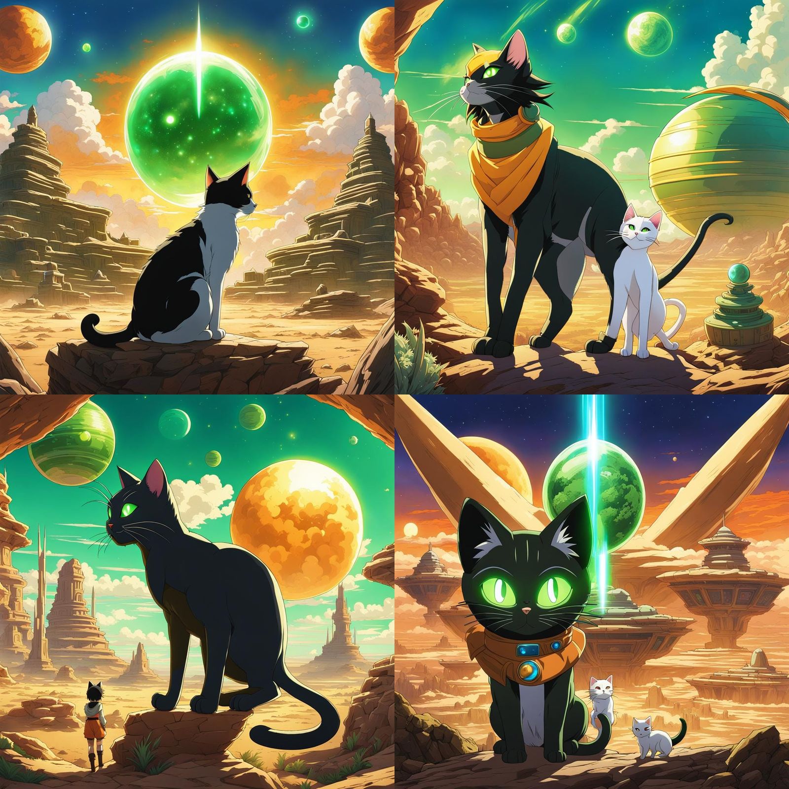 Android Cat in Desert Ruins, Anime Style