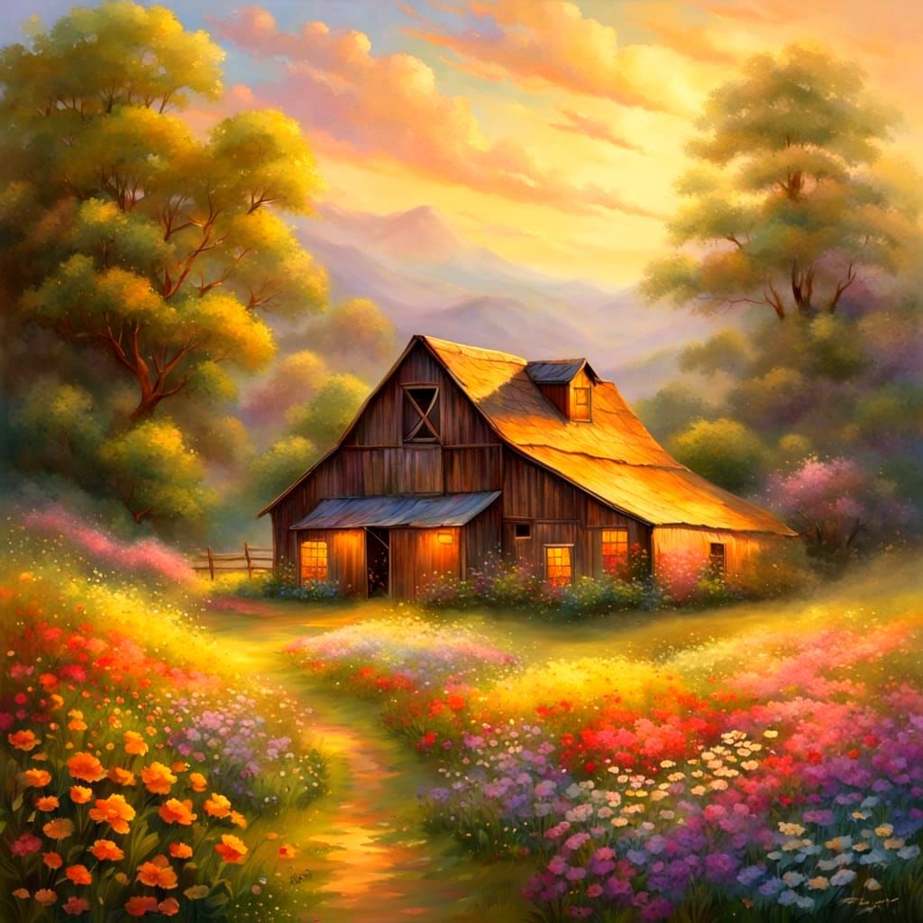 Rustic Barn in Wildflower Field, Luminist Style