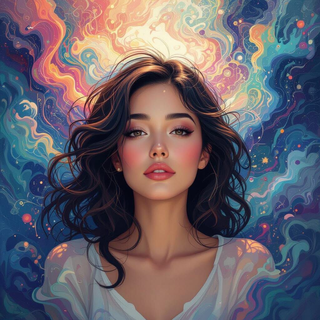 Introspective Woman Amidst Swirling Thoughts: Digital Art