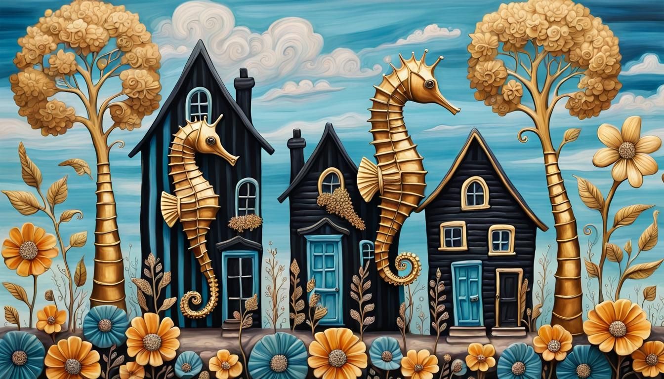 small gold seahorses houses