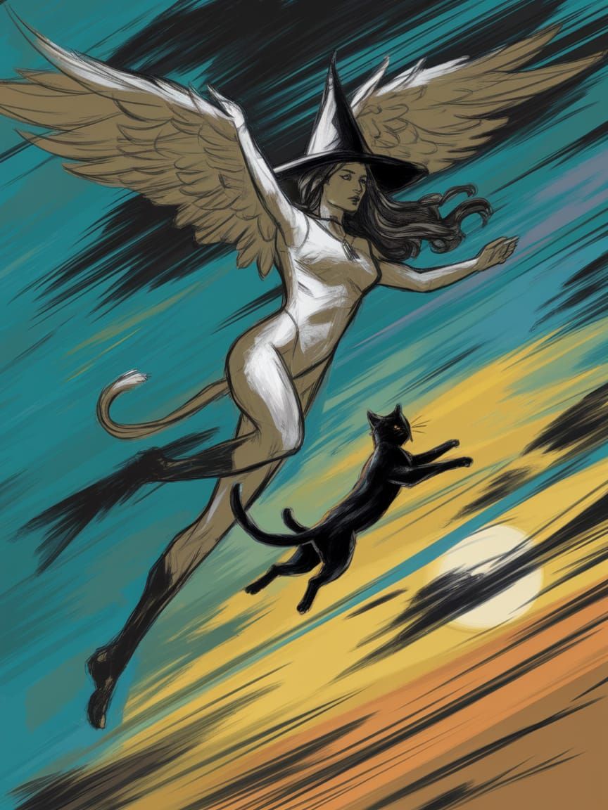 Winged Witch Leaps Skyward: Pencil Sketch Art