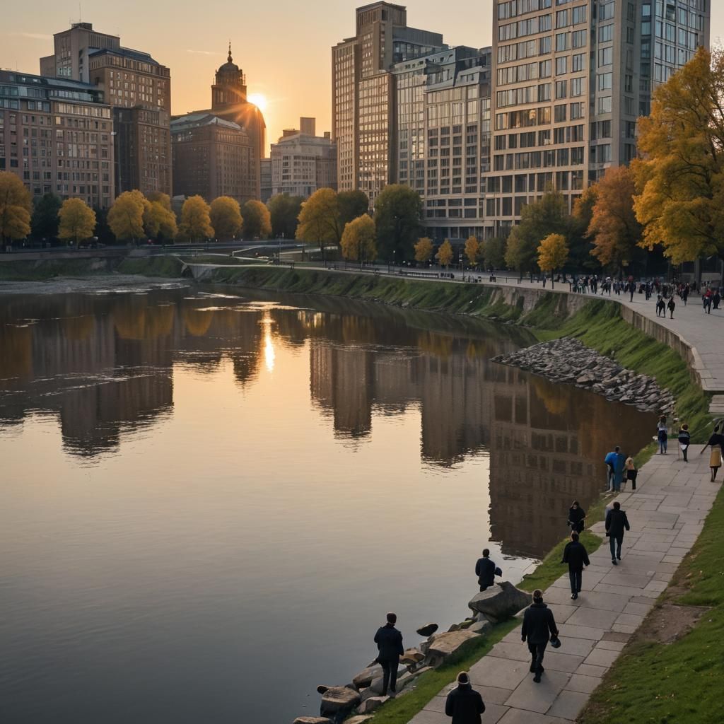 buildings reflect off of the river in a city, people walking on river edge