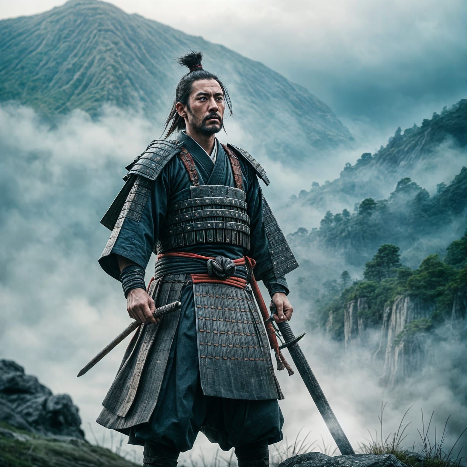 Samurai Duel in Cinematic 35mm Film Style