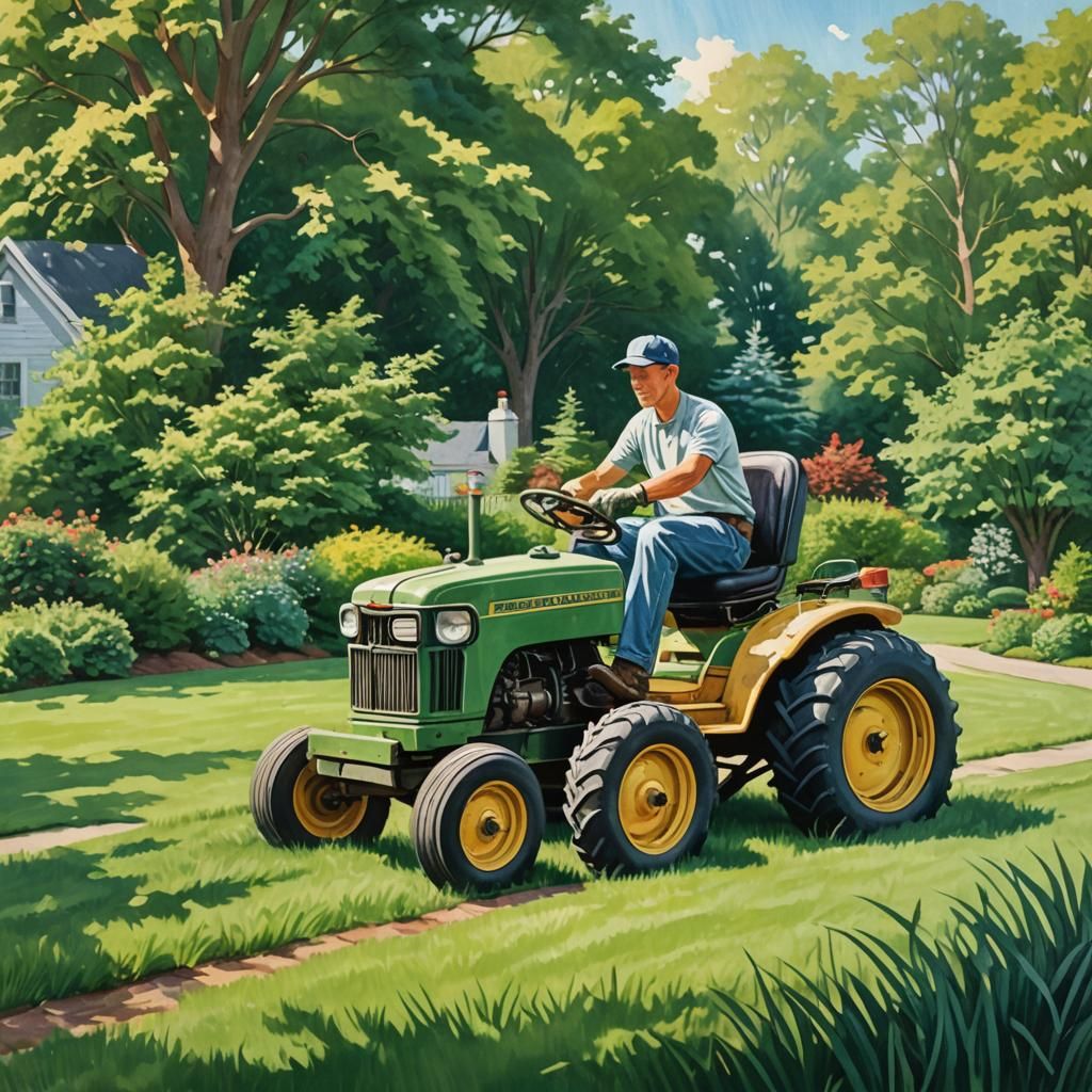 Vintage Lawn Tractor Gouache Painting