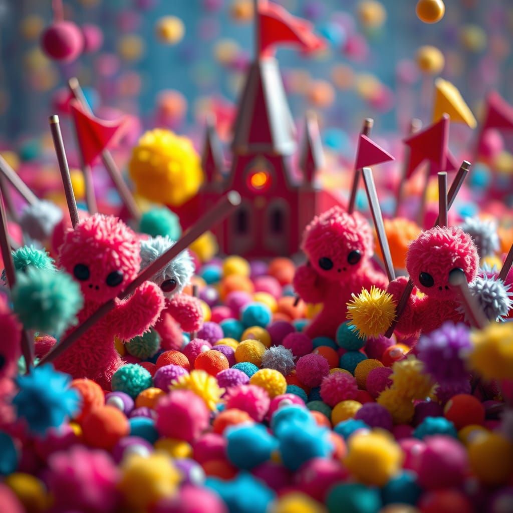 Colorful Pom Pom War Scene in Candy Art Style