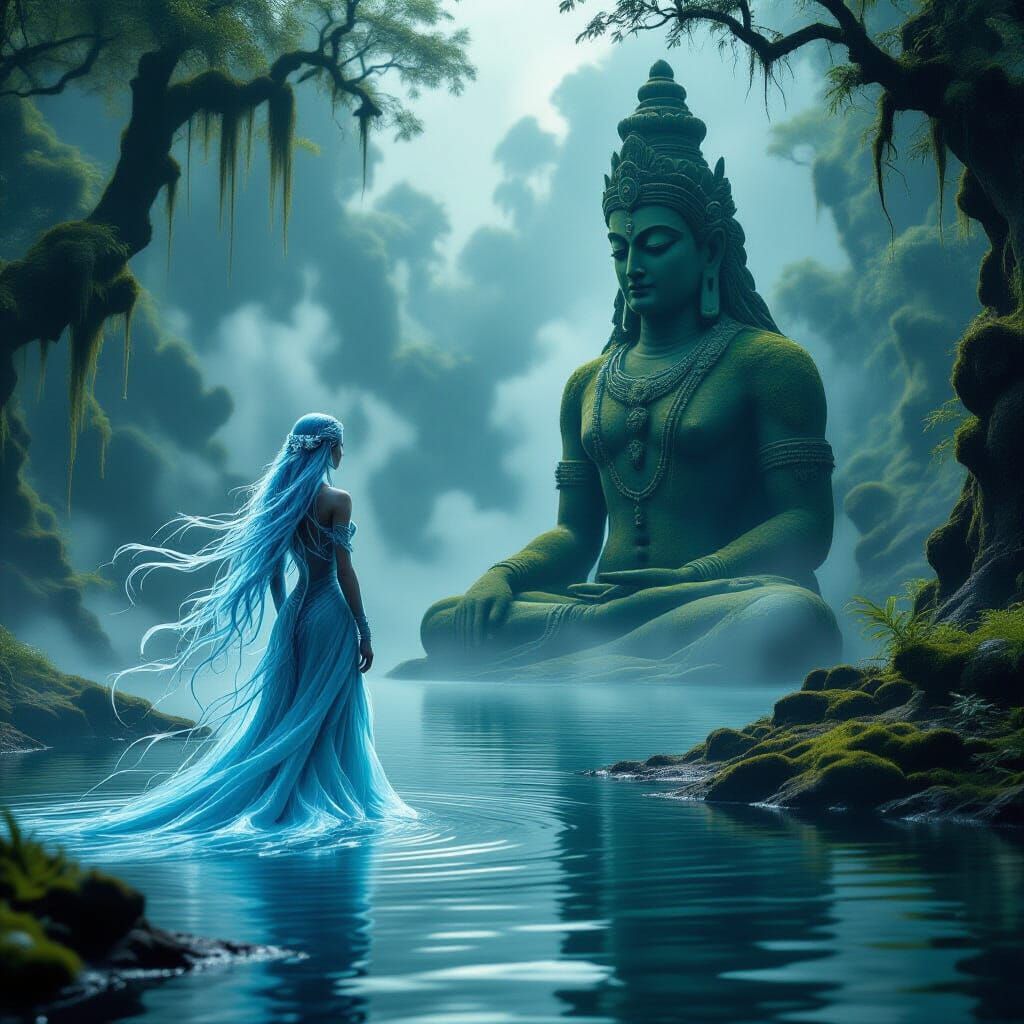 Ethereal Water Spirit in Ancient Forest, Dark Fantasy Style