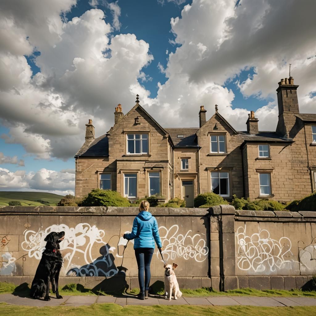 Graffiti Art: Yorkshire Dales House with Woman and Dog
