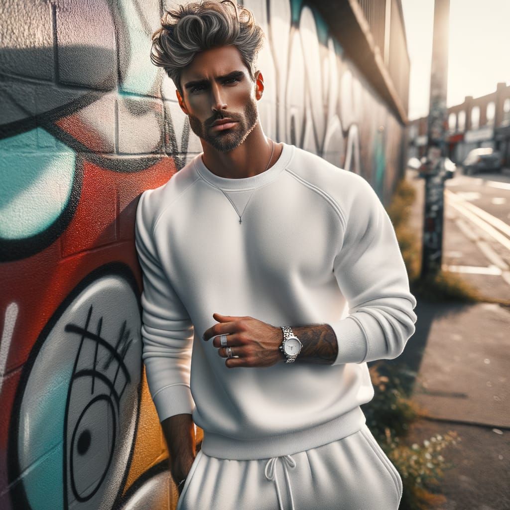 Hyper-Realistic Man Leaning Against Graffiti Wall