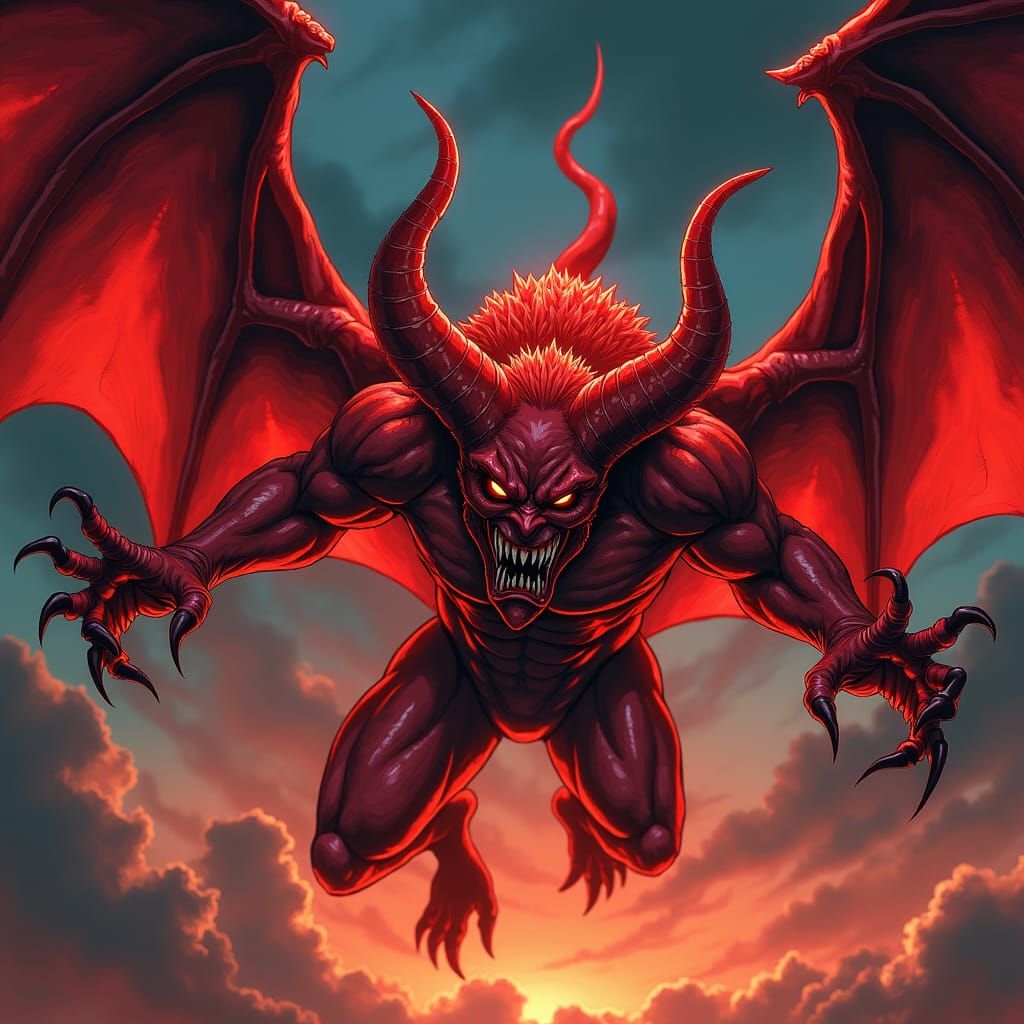 Menacing Red Devil Soaring in Dark Anime Style