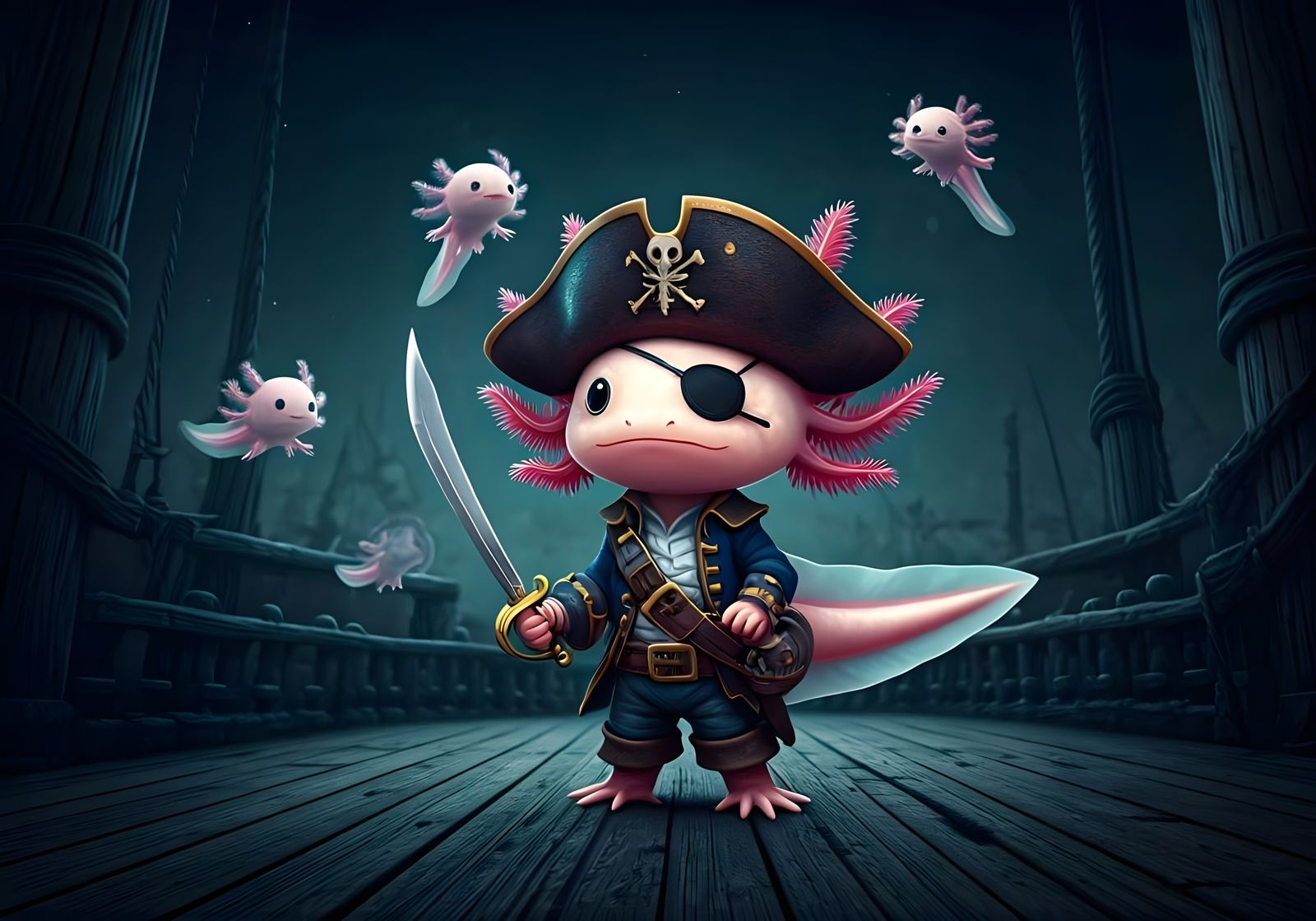 Chibi Pirate Axolotl Sails the Haunted High Seas