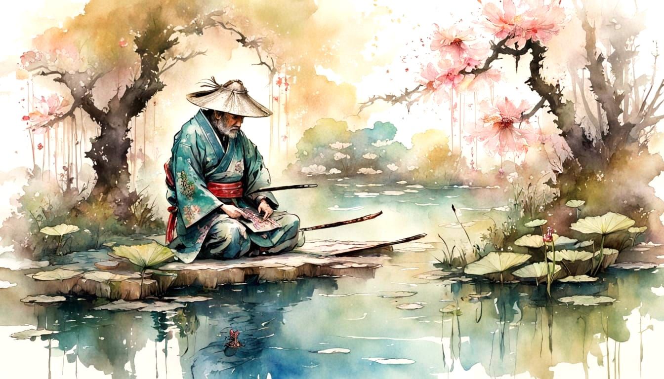 Samurai Contemplation by Sakura Pond, Watercolour Style