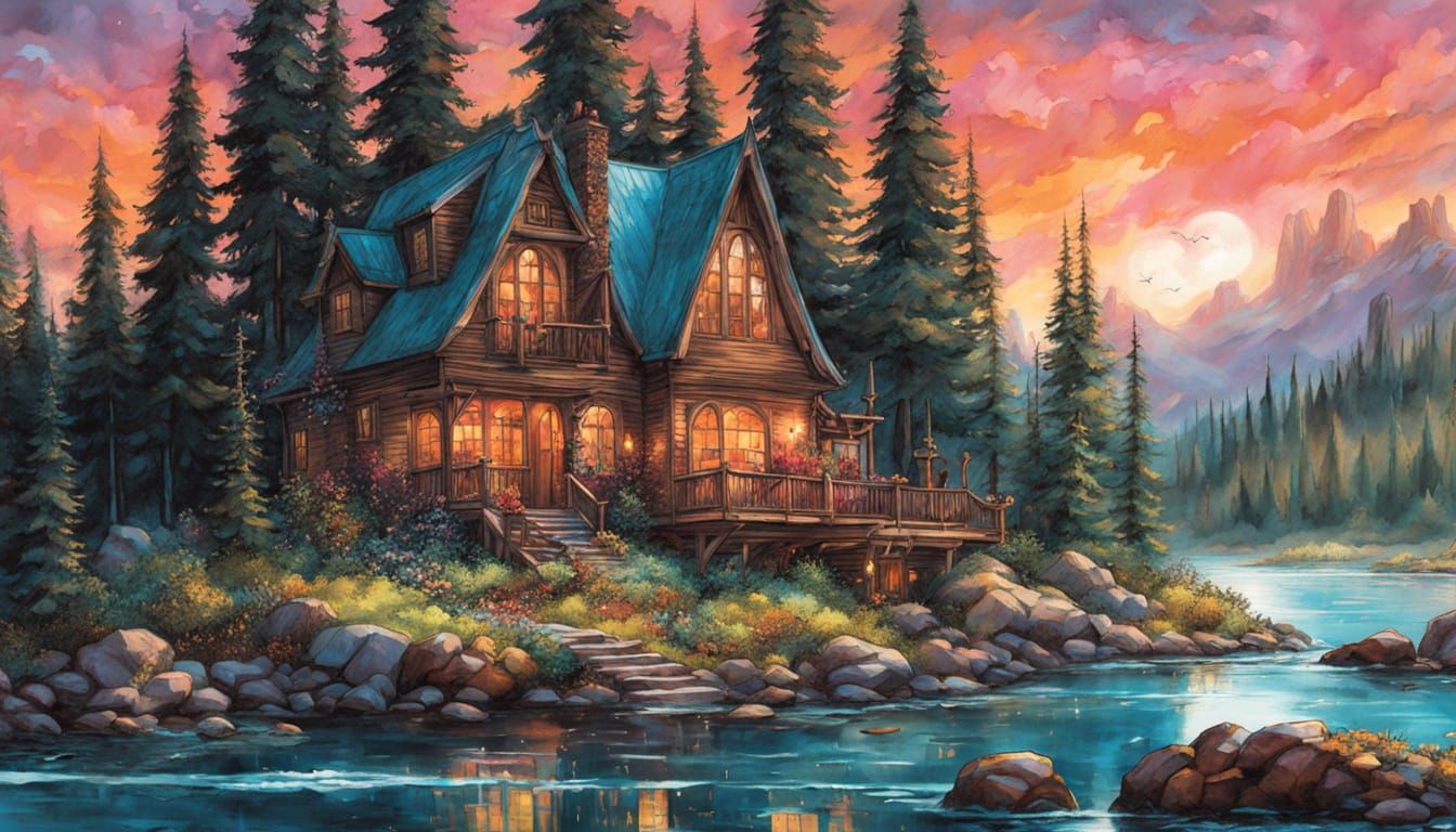 Fairytale Cabin on Crystalline Cliffs in Alcohol Ink Style