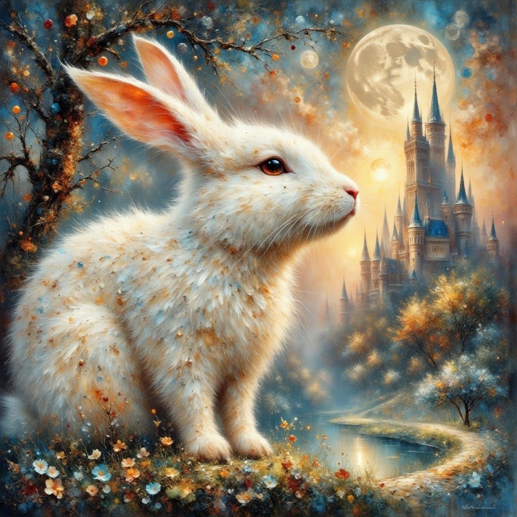 Giant White Bunny at Fairytale Castle in Klimt-Inspired Styl...