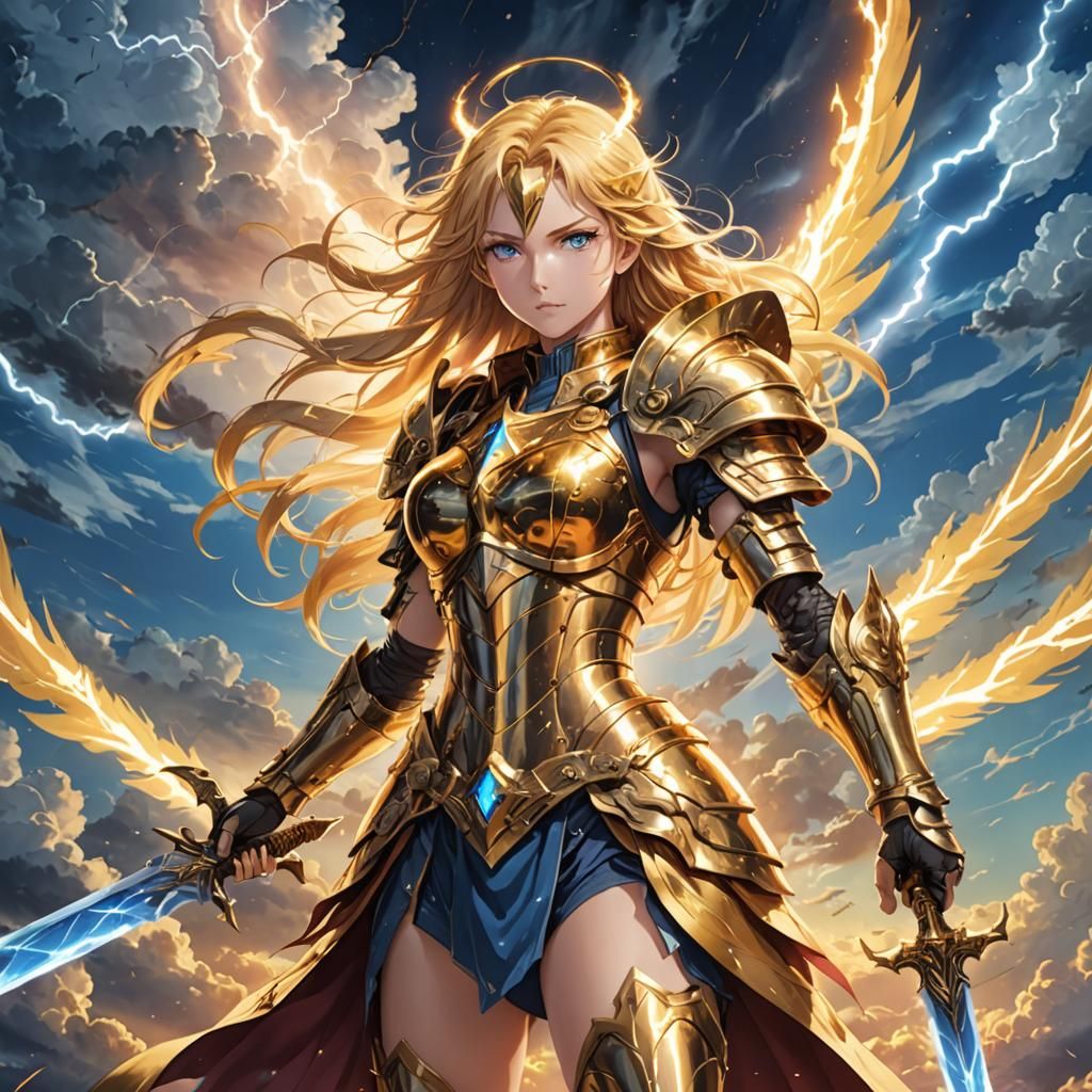Surreal Female Warrior in Golden Armor Unleashes Celestial P...