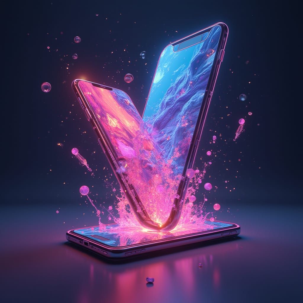 Giant Smartphone Displaying AI Photos in Neon Style