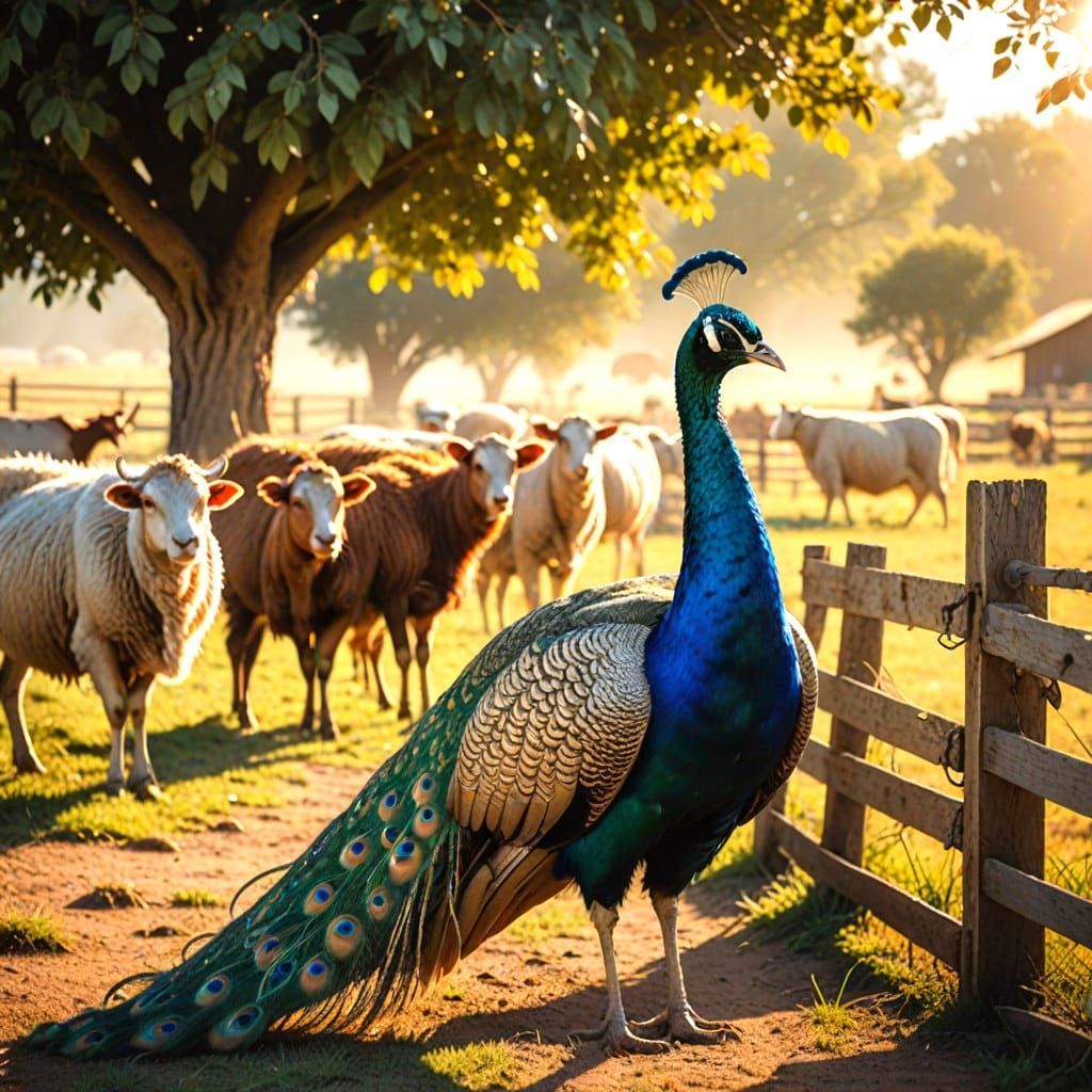 Vibrant Peacock in Farm Landscape