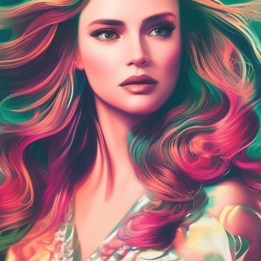 Brunette Girl Portrait in Synthwave Neon Style