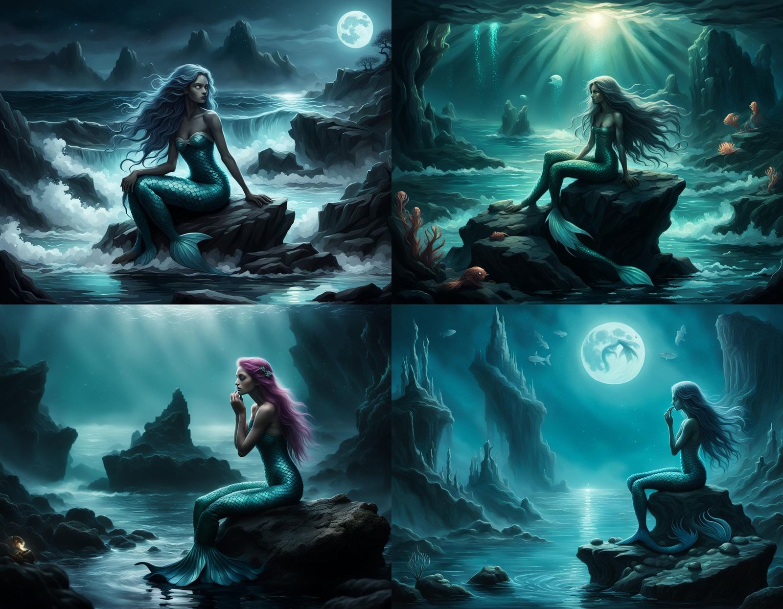 Evil Mermaid Perched on Rock, Brushing Hair