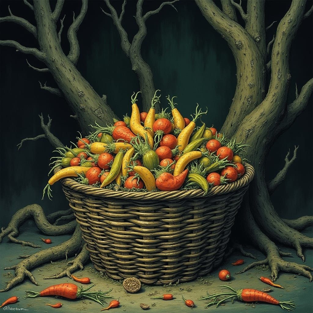 Legume Basket in Dark Gothic Illustration Style