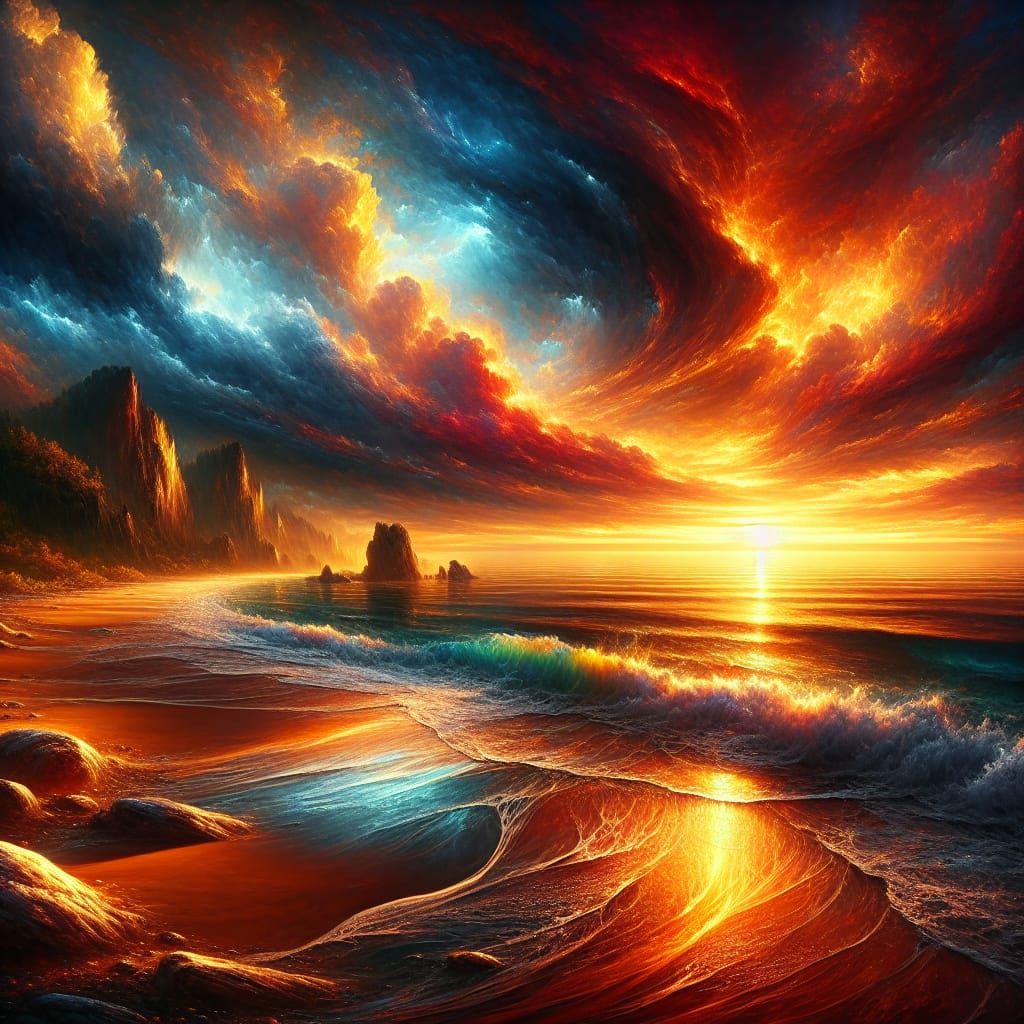Hyperrealistic Ocean Sunrise in Fantasy Matte Painting Style