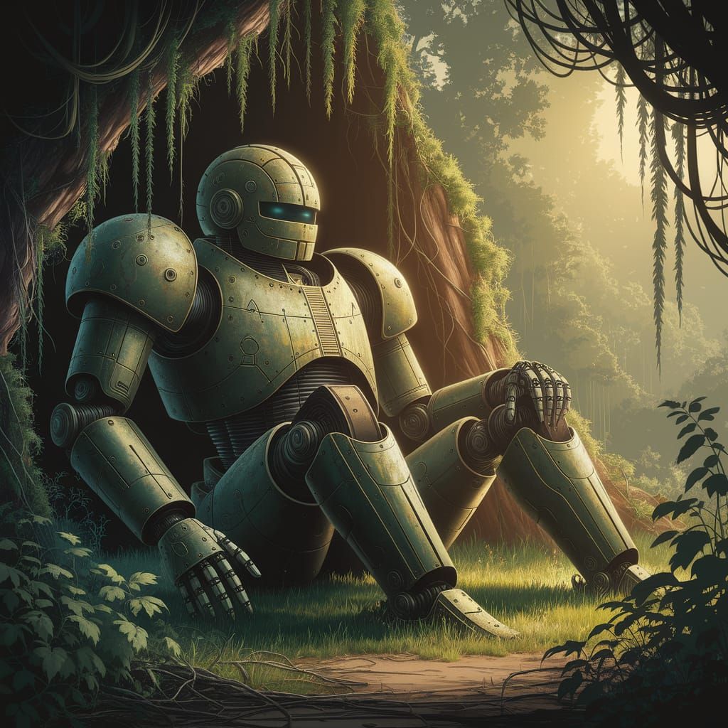 Ancient Moss-Covered Automaton in Jungle Clearing