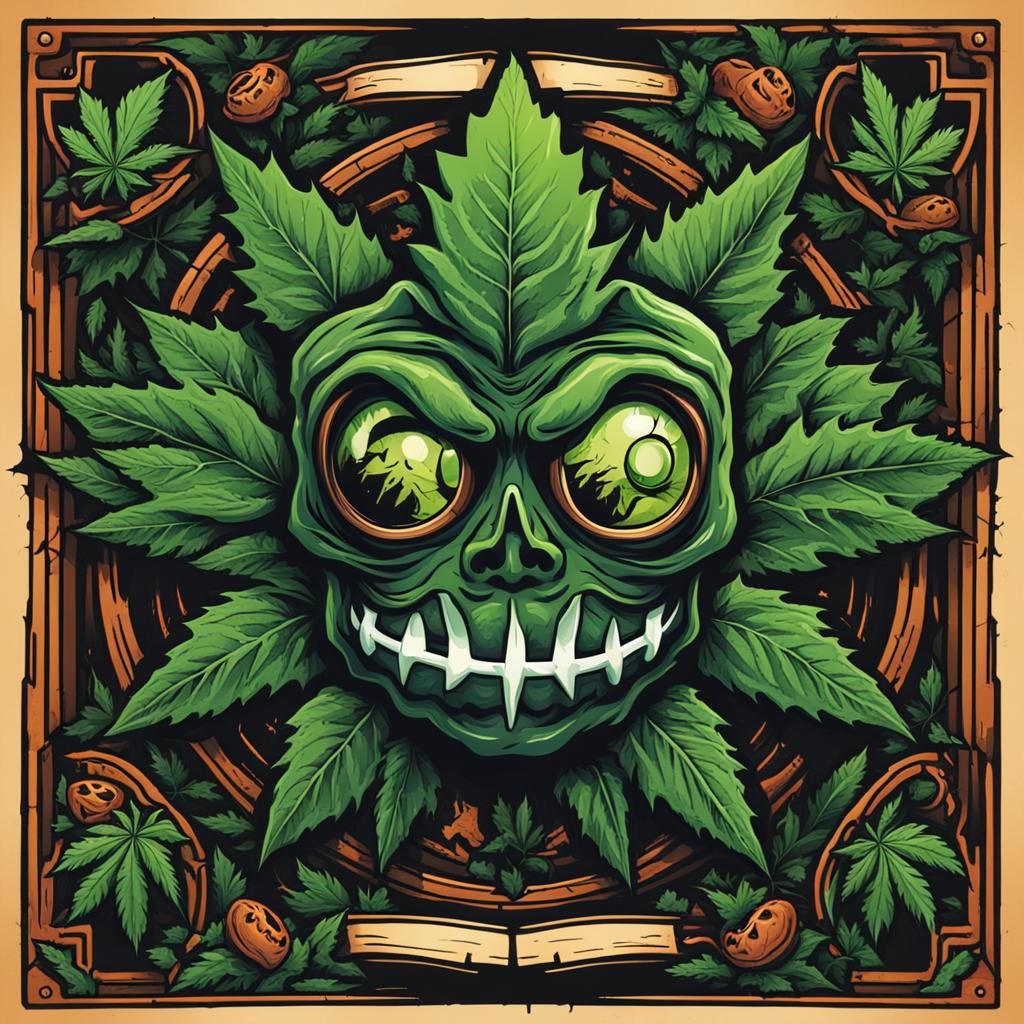 Spooky Marijuana Leaf Face Logo: Comic Book Art