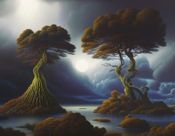 Surreal Landscape Painting with Twisted Trees