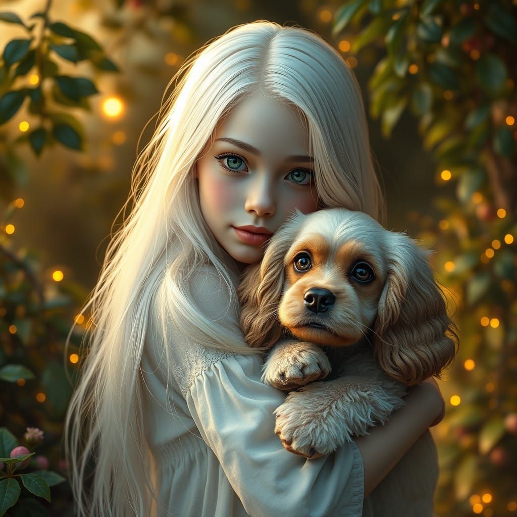 Ethereal Girl and Her Cocker Spaniel in Whimsical Wonderland