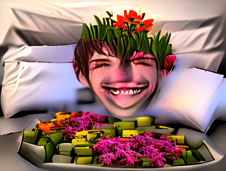 Smiling Man in Bed with Flowers: 3D Hyperrealism