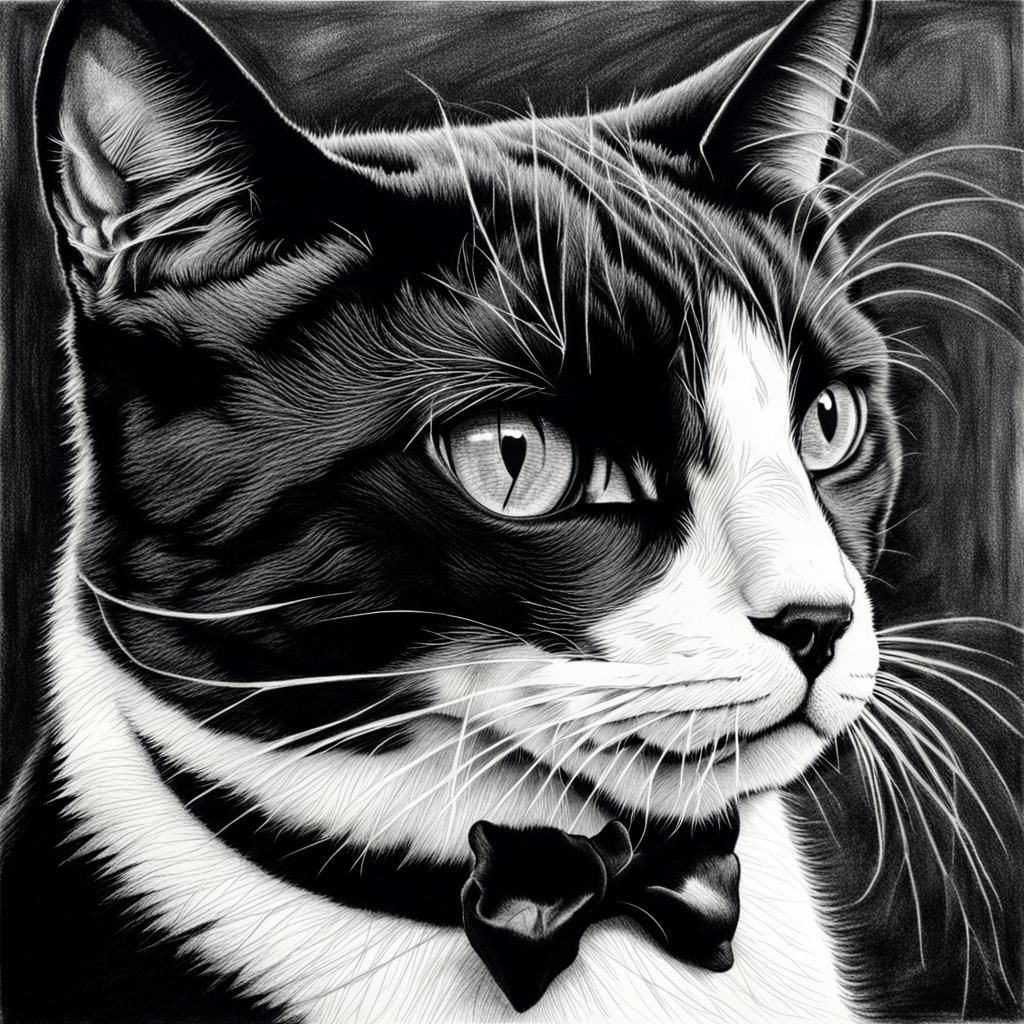 Hyperdetailed Charcoal Drawing of a Black-Eyed Cat