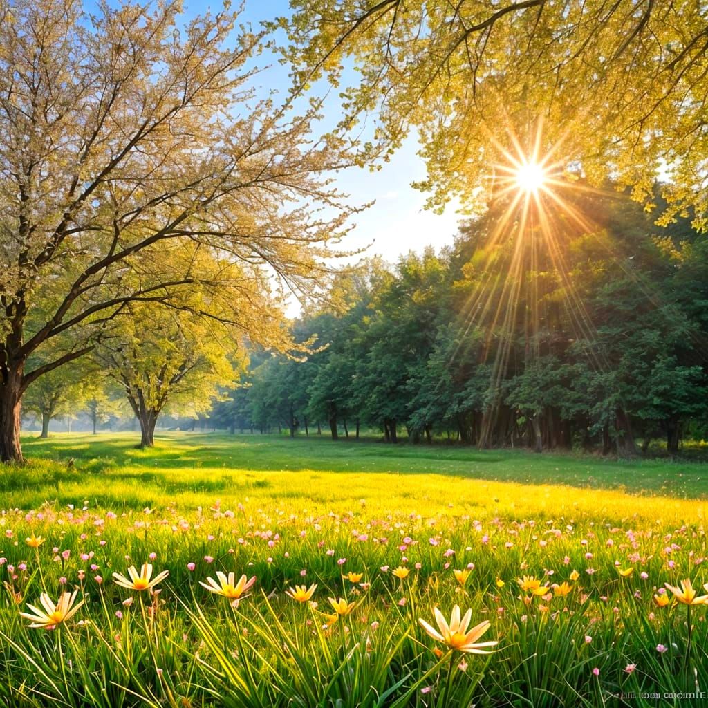 Vibrant Spring Morning in Nature, with Dewy Grass and Bloomi...