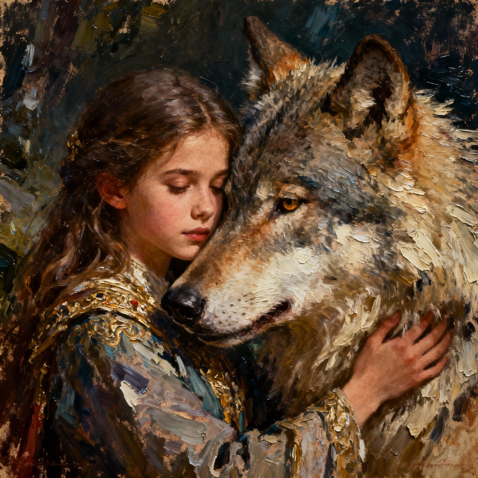 Impasto Painting: Girl and Wolf Embrace in Dramatic Light
