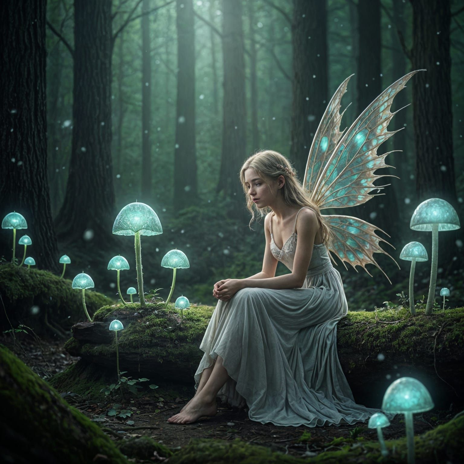 Melancholic Fairy with Damaged Wing in Whimsical Forest
