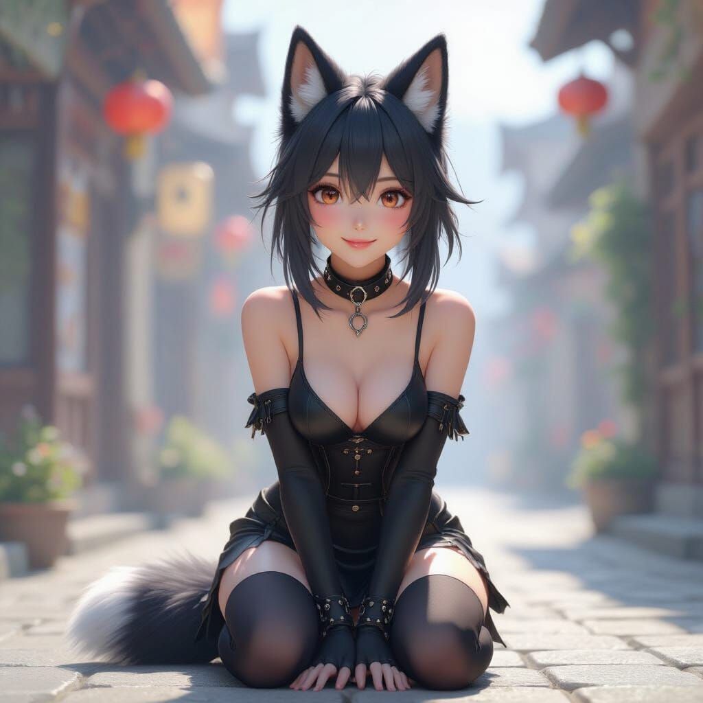 Wolf Girl Kneels Smiling Sweetly in 3D Anime Style
