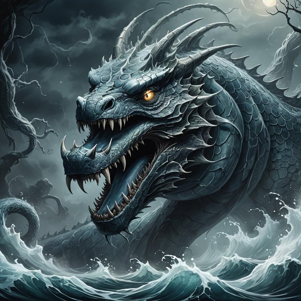 Mythic Sea Serpent in Dark Fantasy Style