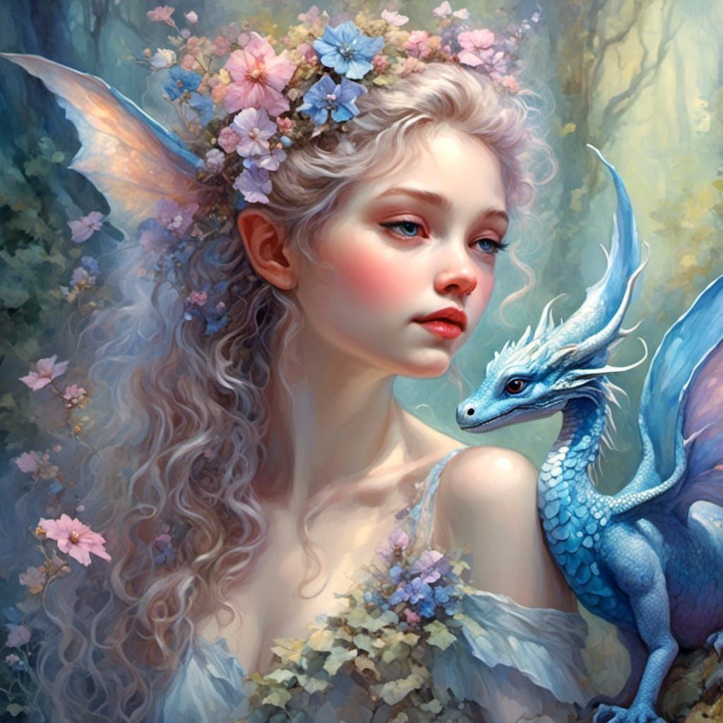 Fairy and Dragon in Enchanted Forest: Watercolor Art