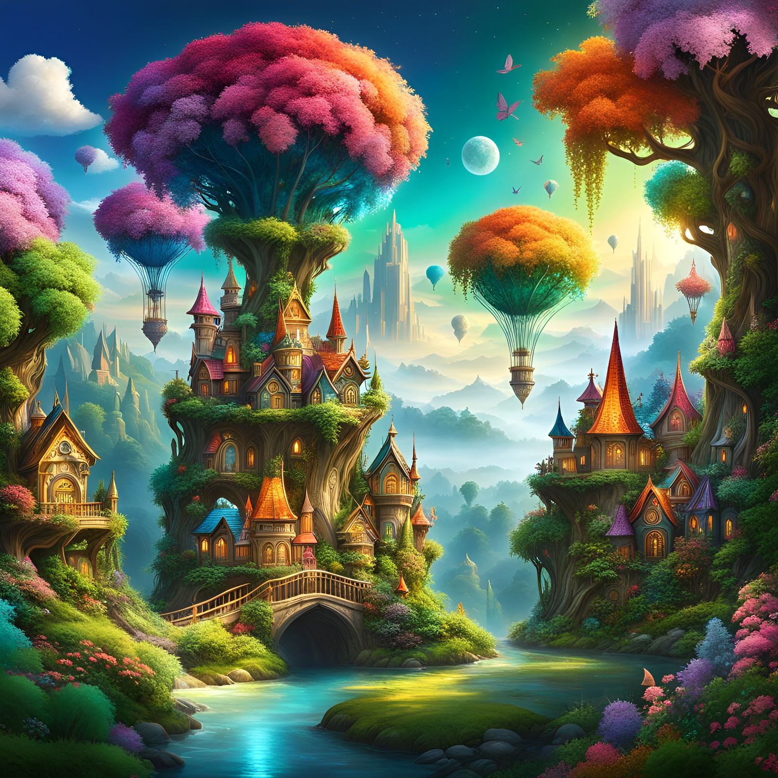 Floating Crystal City Above Enchanted Forest Landscape