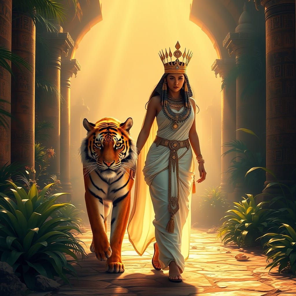 Egyptian Queen Strolls with Majestic Bengal Tiger through An...