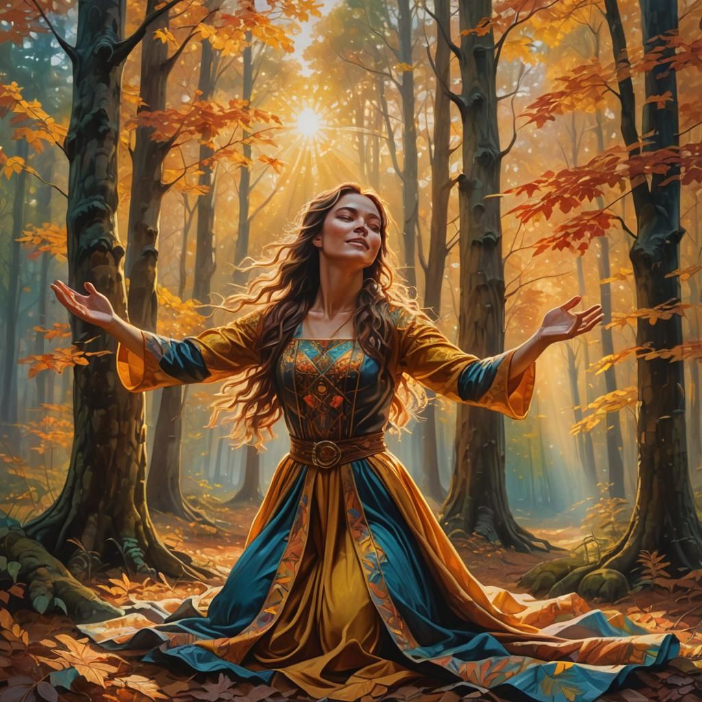 Autumn Forest Oil Painting of Woman in Praise