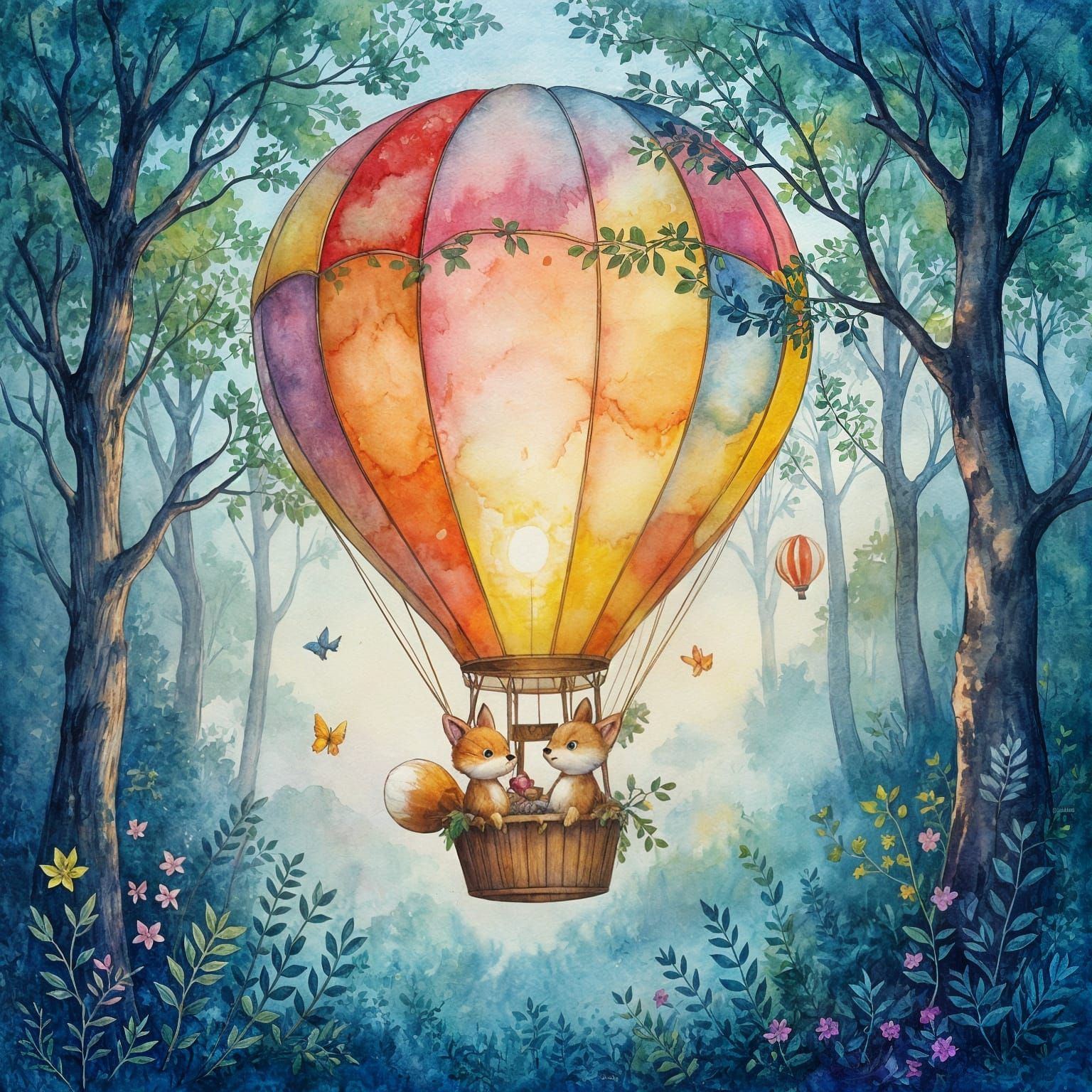 Ethereal Watercolor Hot Air Balloon with Woodland Creature