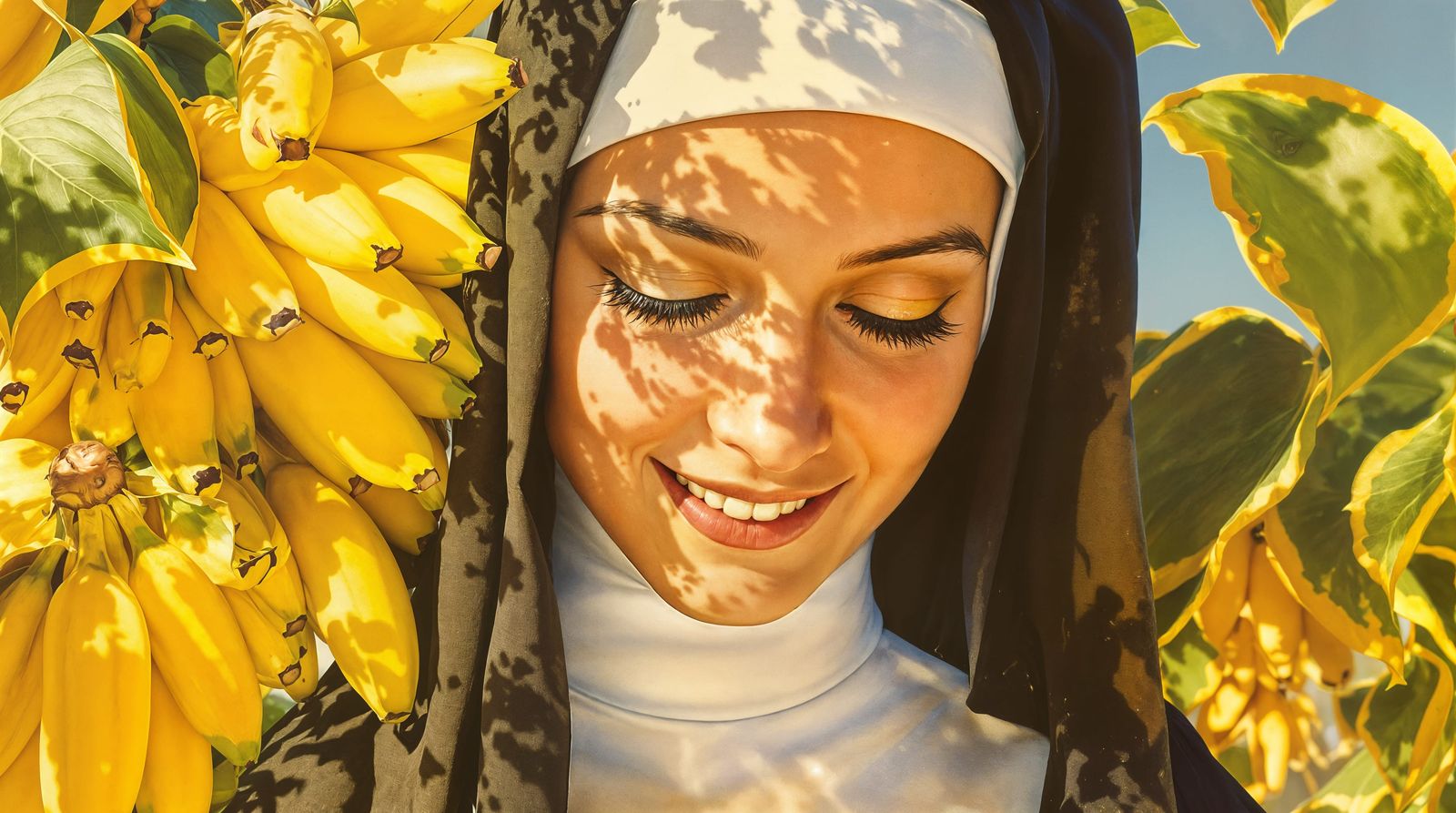Gorgeous Nun Amidst Tropical Fruits in a Sunlit Scene